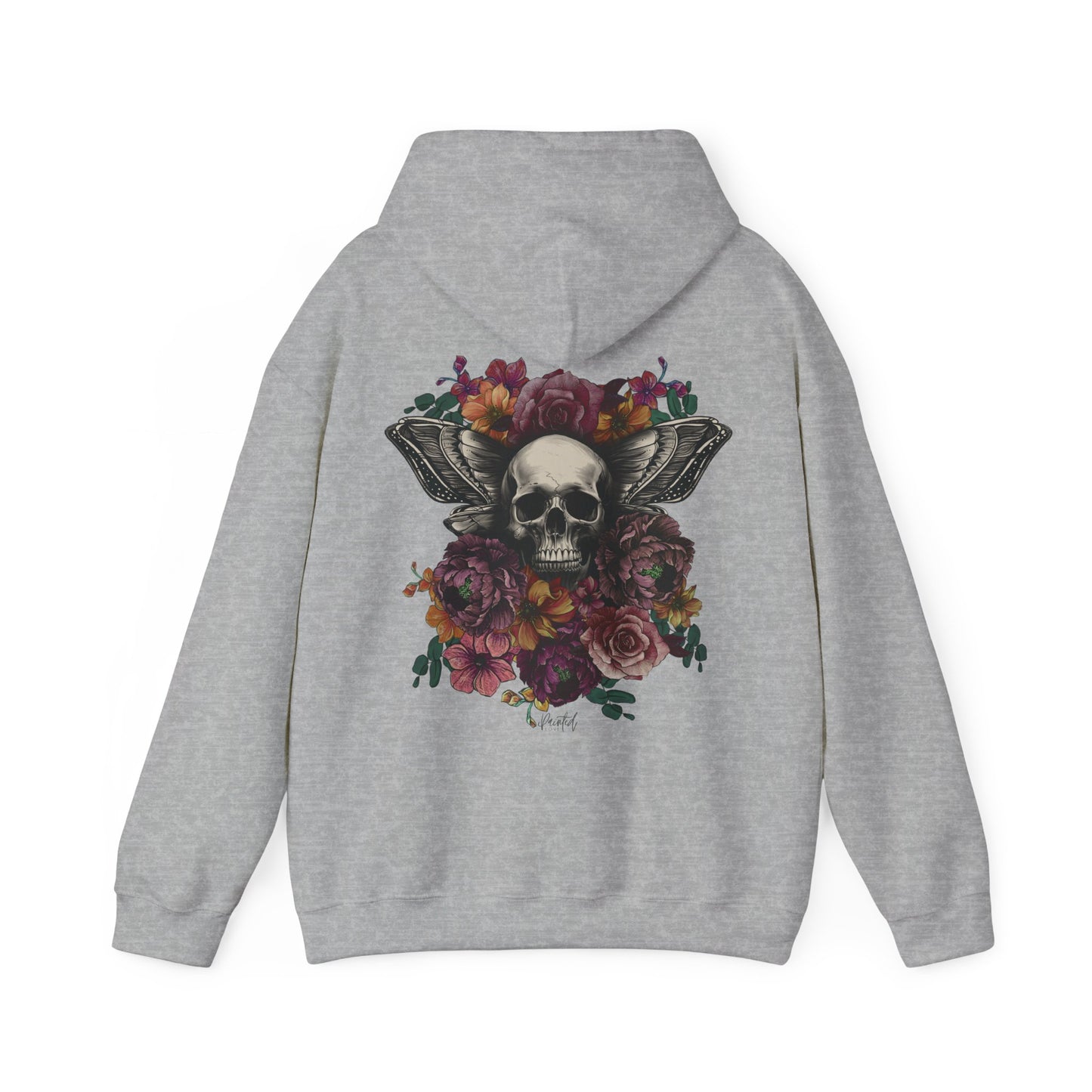 Unisex Hoodie with Skull, Moth Wings, and Tattoo Style Flowers, Painted Love Customs Logo