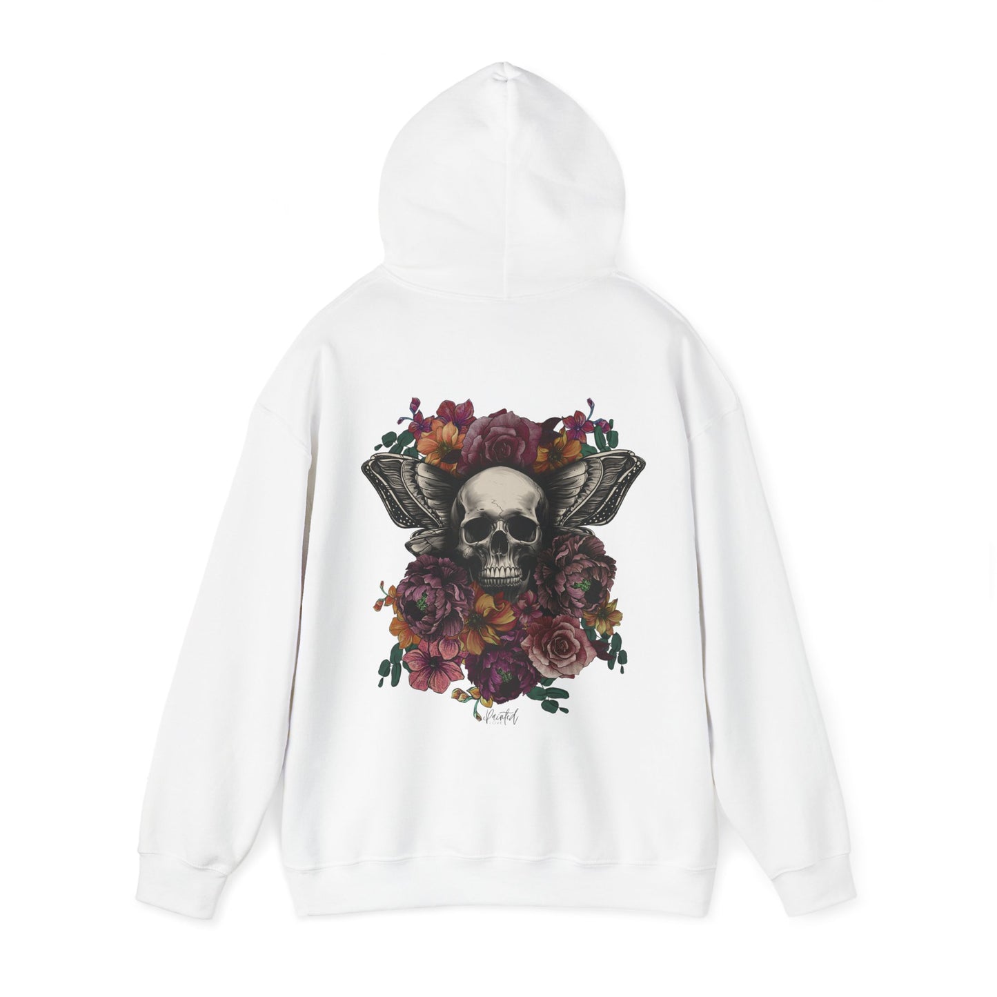 Unisex Hoodie with Skull, Moth Wings, and Tattoo Style Flowers, Painted Love Customs Logo