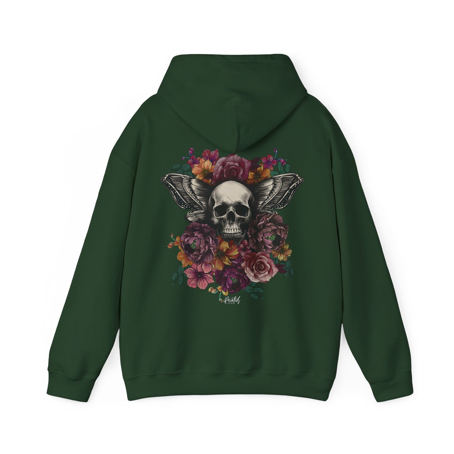 Unisex Hoodie with Skull, Moth Wings, and Tattoo Style Flowers, Painted Love Customs Logo