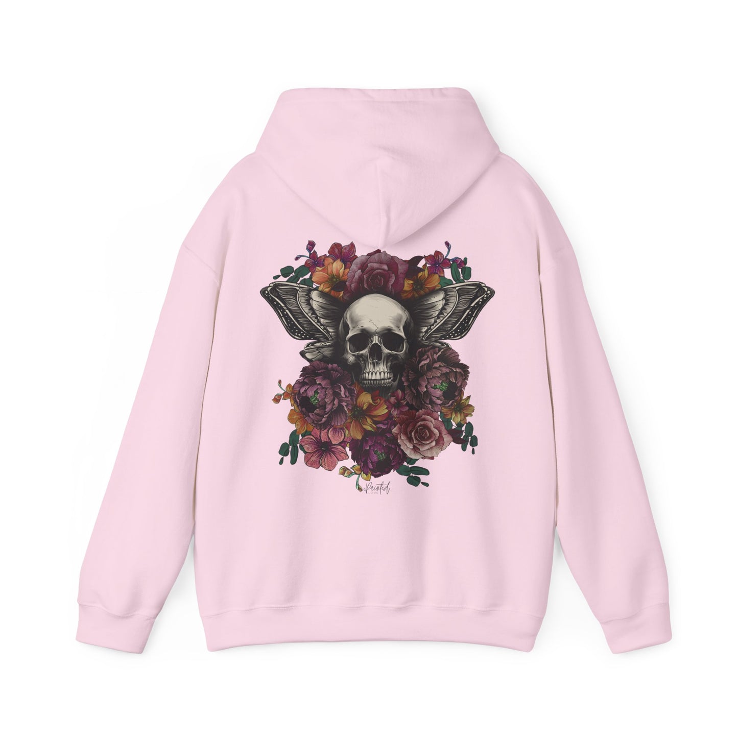 Unisex Hoodie with Skull, Moth Wings, and Tattoo Style Flowers, Painted Love Customs Logo