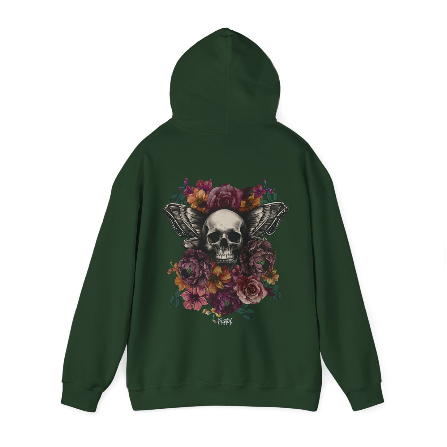 Unisex Hoodie with Skull, Moth Wings, and Tattoo Style Flowers, Painted Love Customs Logo