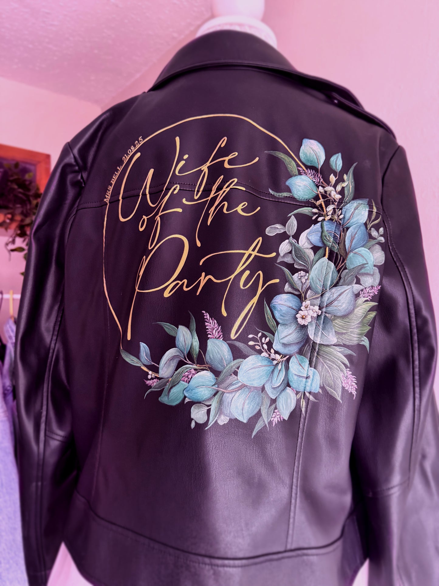 Hand Painted Leather Jacket. Foliage and Gold Hoop Design. Leather Jacket Painting Service
