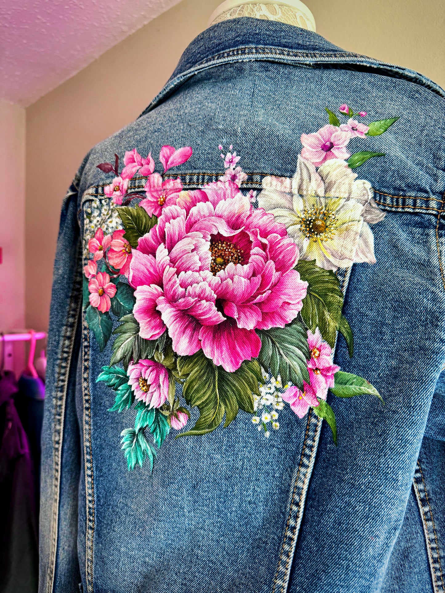 Hand Painted Denim Jacket, Peonies and Cherry Blossom. Denim Jacket Painting Service.