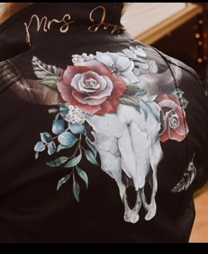 Hand Painted Floral Leather Jacket With Ram Skull and Flowers. Leather Jacket Painting Service