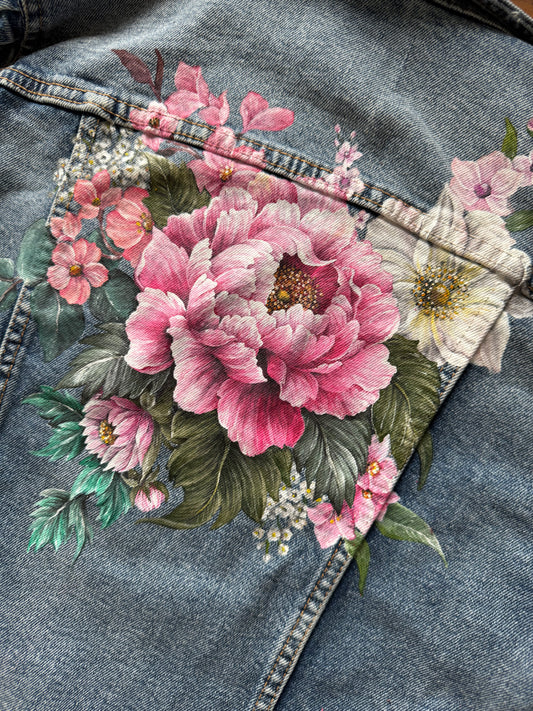 Hand Painted Denim Jacket, Peonies and Cherry Blossom. Denim Jacket Painting Service.