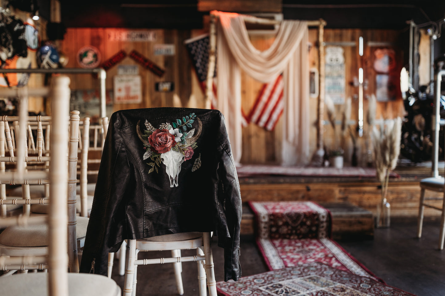 Hand Painted Floral Leather Jacket With Ram Skull and Flowers. Leather Jacket Painting Service