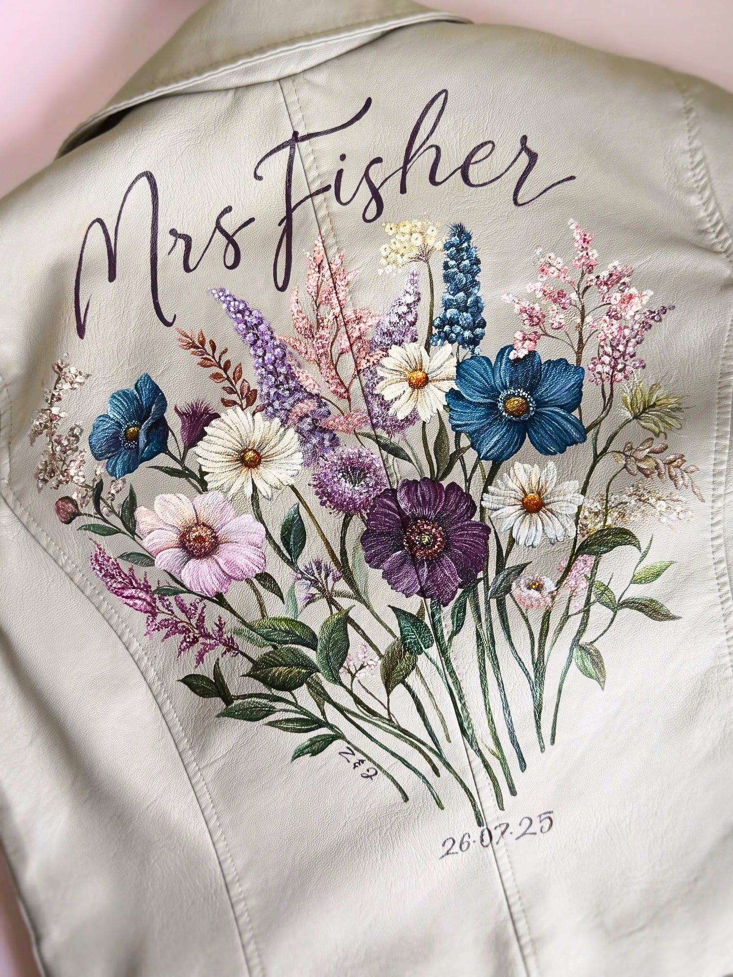 Hand Painted Leather Jacket, Wildflower Bouquet. Painting Only