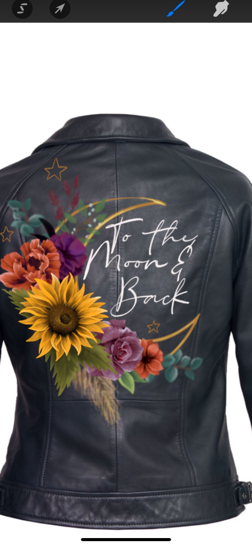 Hand Painted Floral Leather Jacket. Crescent Moon and Sunflower Layout. Leather Jacket Painting Service