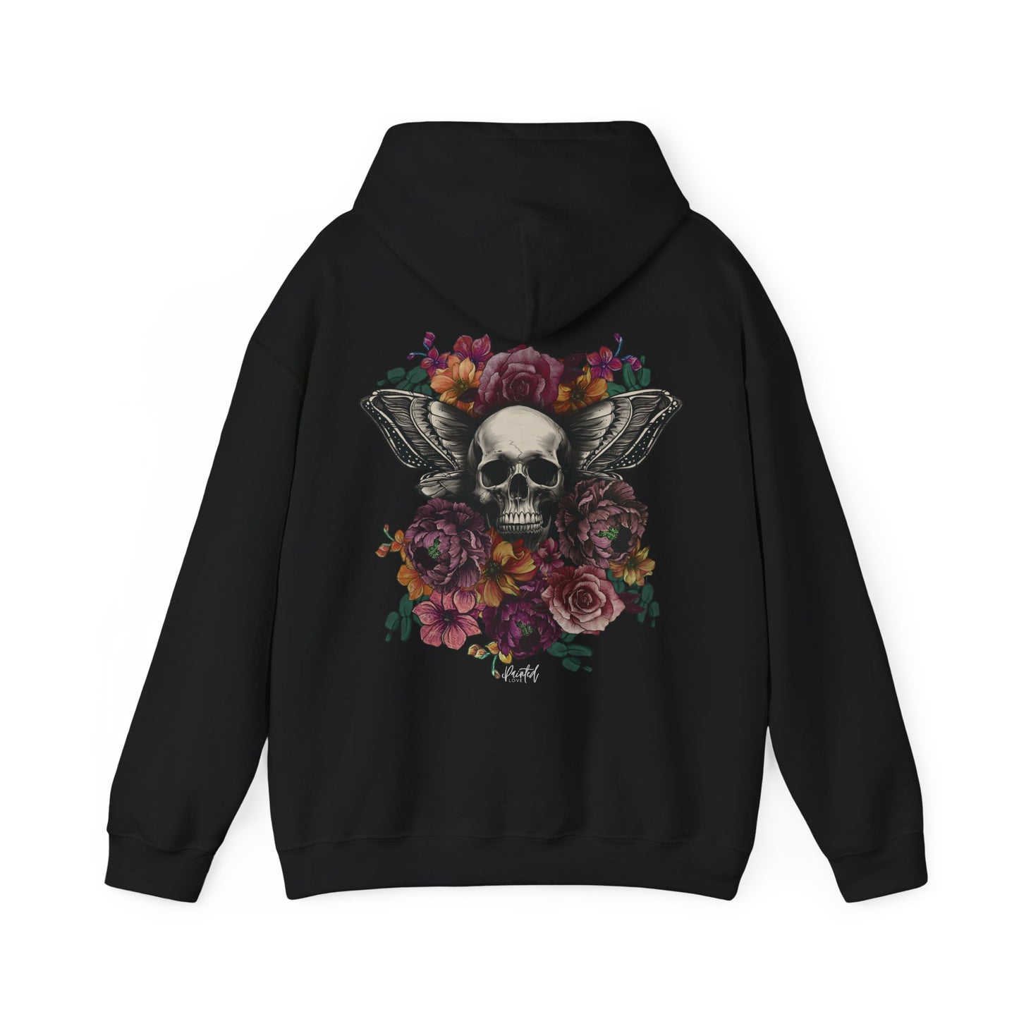 Unisex Hoodie with Skull, Moth Wings, and Tattoo Style Flowers, Painted Love Customs Logo
