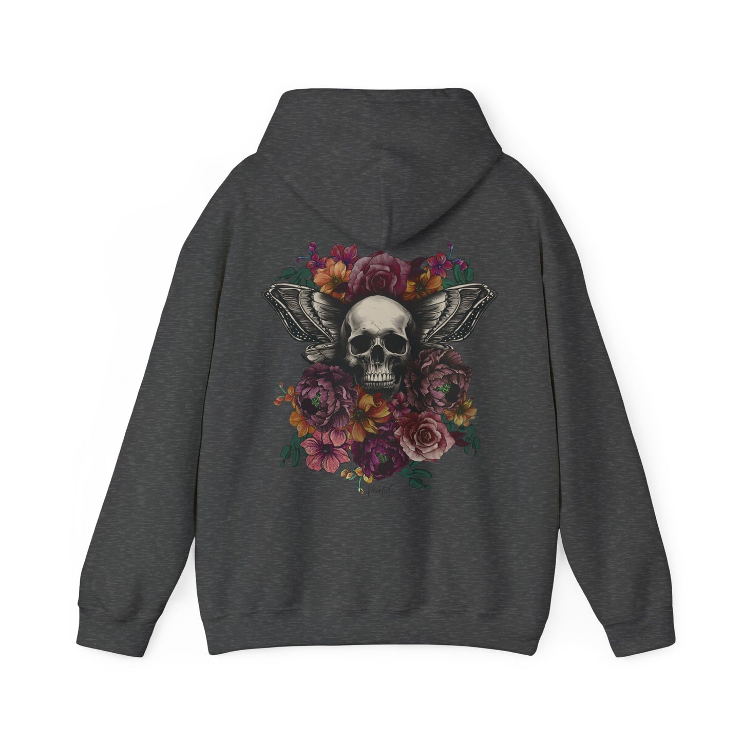 Unisex Hoodie with Skull, Moth Wings, and Tattoo Style Flowers, Painted Love Customs Logo