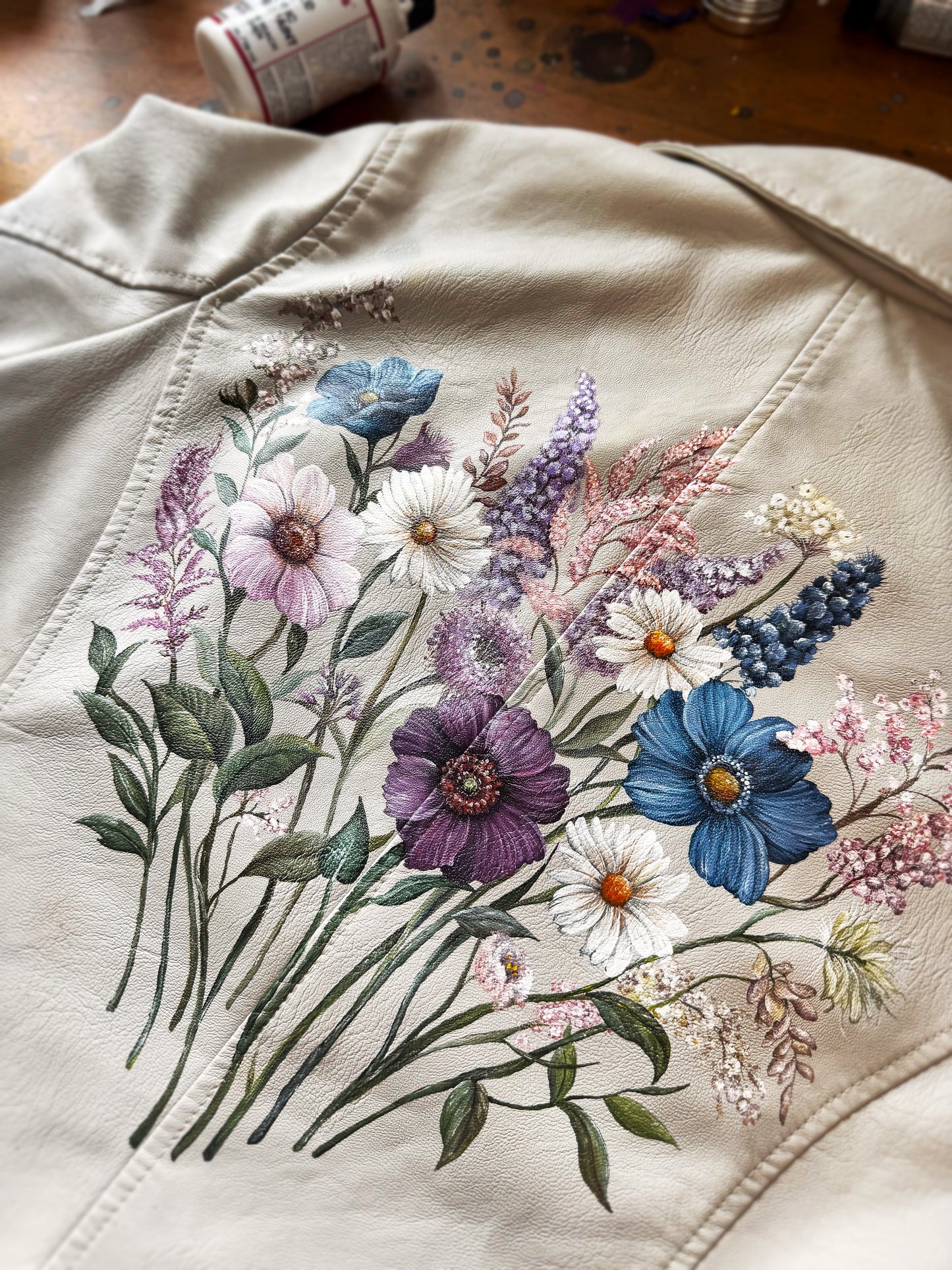 Hand Painted Leather Jacket, Wildflower Bouquet. Painting Only