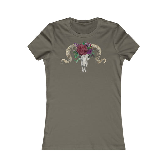 Women's Fitted Tee, Ram Skull and Burgundy Flowers