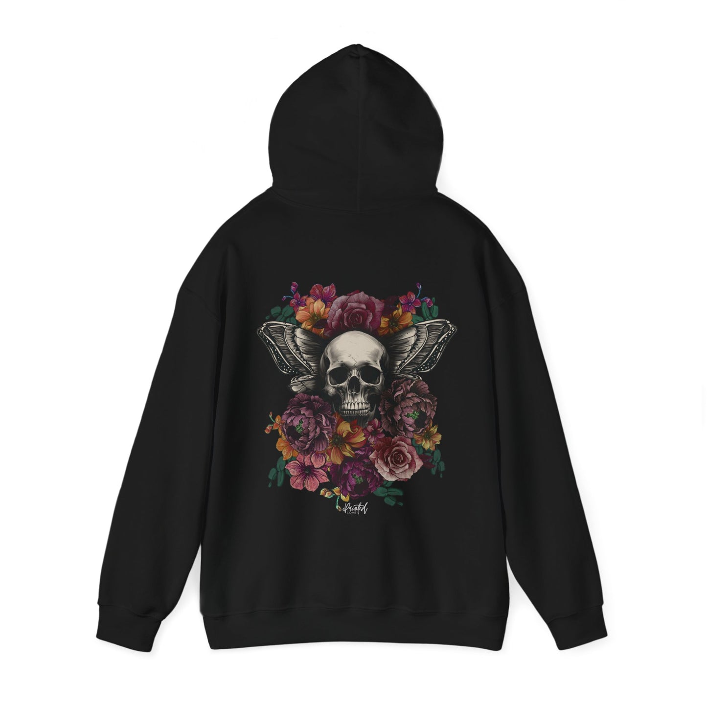 Unisex Hoodie with Skull, Moth Wings, and Tattoo Style Flowers, Painted Love Customs Logo