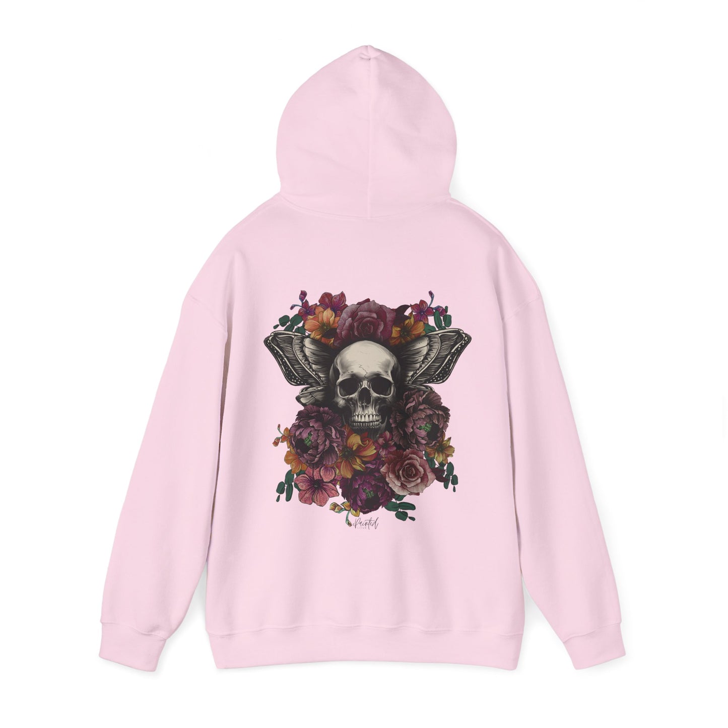 Unisex Hoodie with Skull, Moth Wings, and Tattoo Style Flowers, Painted Love Customs Logo