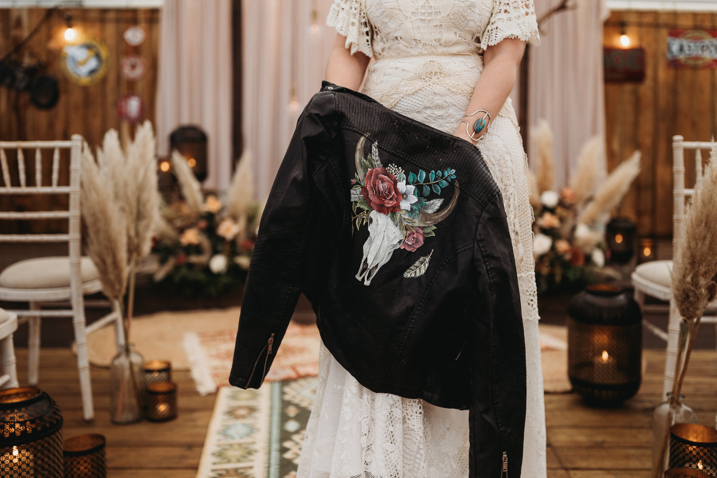 Hand Painted Floral Leather Jacket With Ram Skull and Flowers. Leather Jacket Painting Service