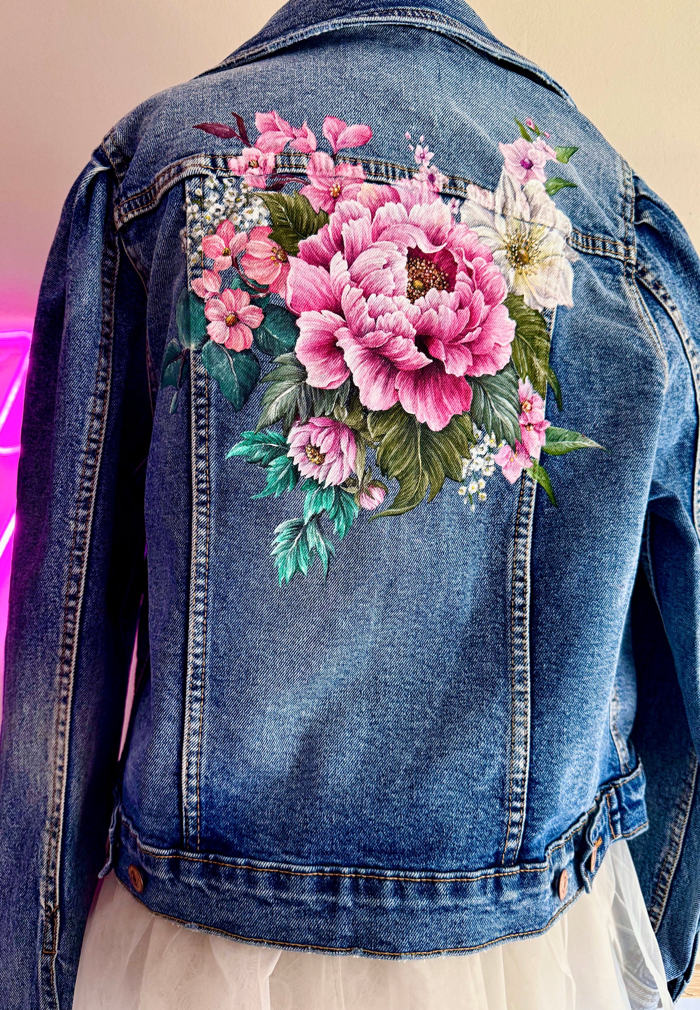 Hand Painted Denim Jacket, Peonies and Cherry Blossom. Denim Jacket Painting Service.