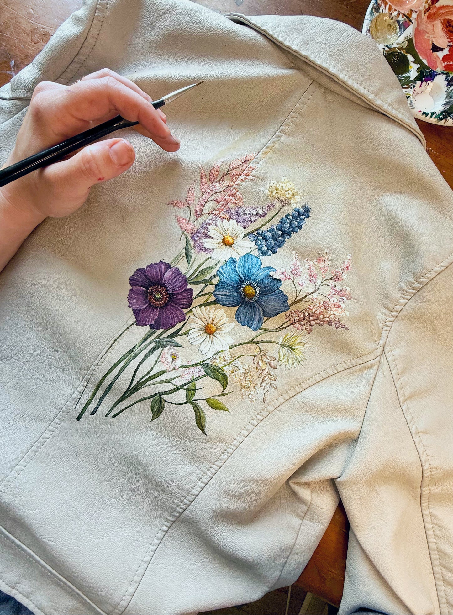 Hand Painted Leather Jacket, Wildflower Bouquet. Painting Only
