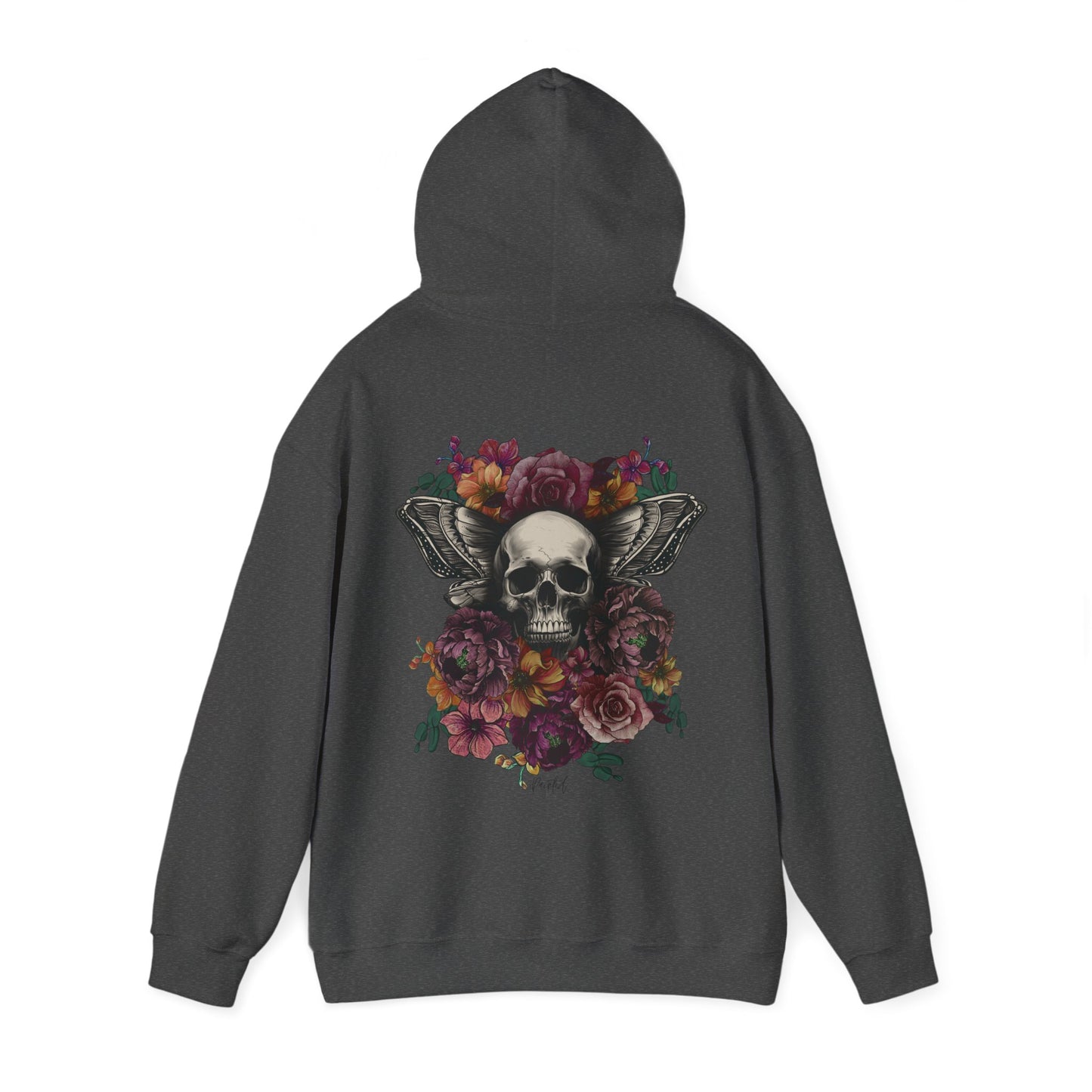 Unisex Hoodie with Skull, Moth Wings, and Tattoo Style Flowers, Painted Love Customs Logo