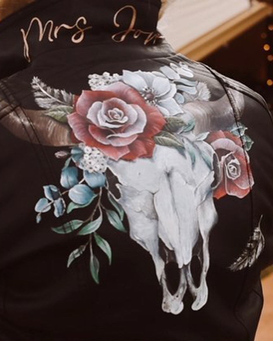 Hand Painted Floral Leather Jacket With Ram Skull and Flowers. Leather Jacket Painting Service