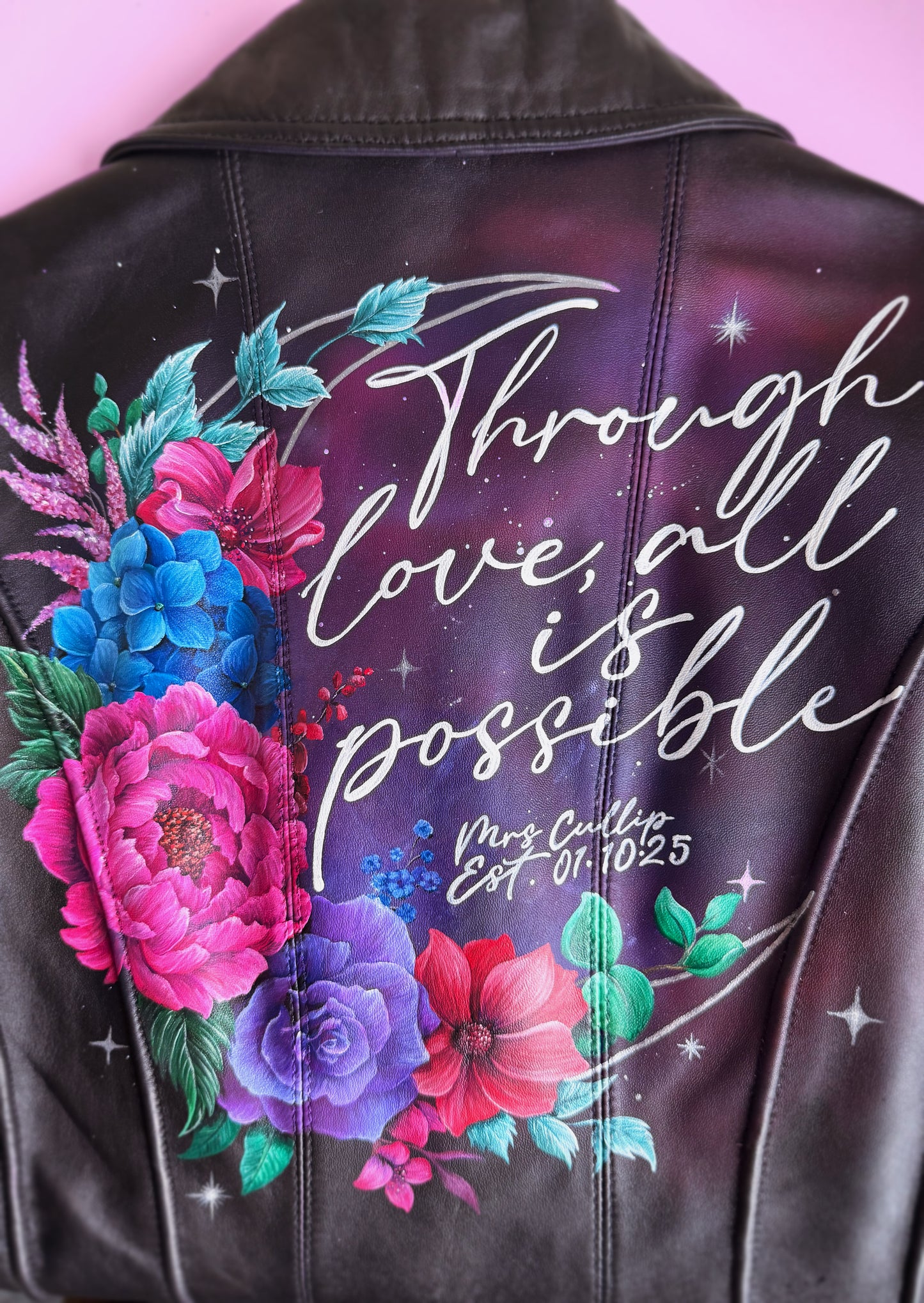 Hand Painted Leather Jacket. Galaxy and crescent design. Leather Jacket Painting Service