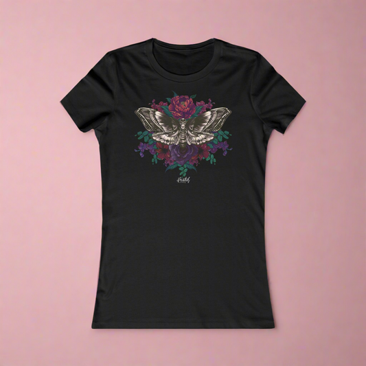 Women's Fitted Tee, Deaths Head Moth and Flowers