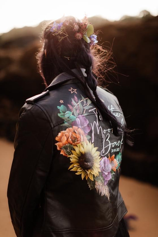 Hand Painted Floral Leather Jacket. Crescent Moon and Sunflower Layout. Leather Jacket Painting Service