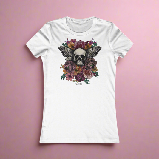 Tattoo Style Women's Fitted Tee, Skull and Flowers