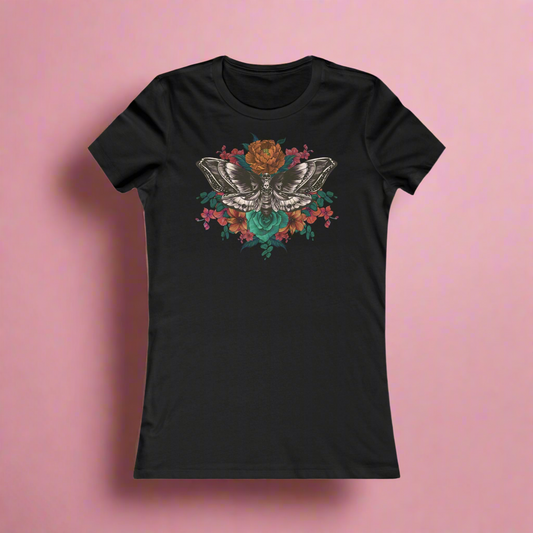 Women's Fitted Tee, Deaths Head Moth and Flowers