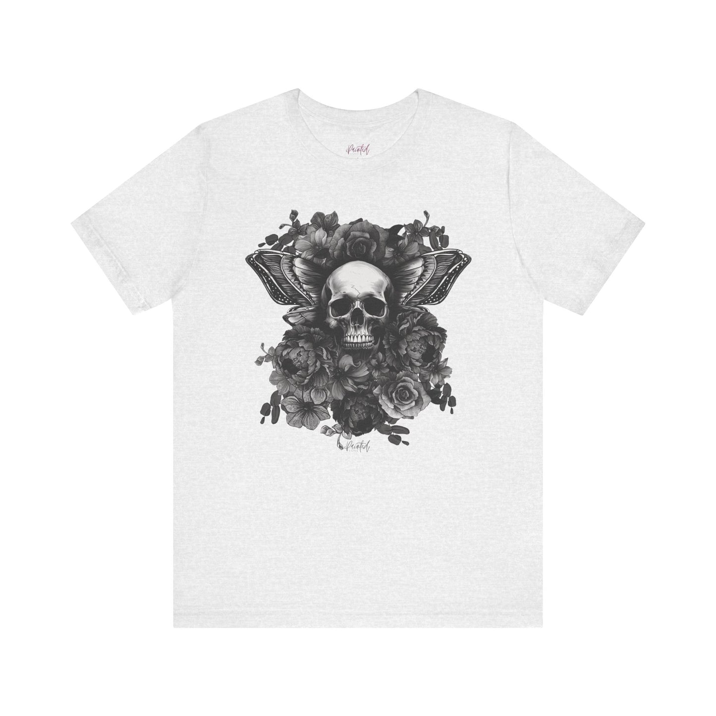 Floral Skull Tattoo Style Tee, Greyscale flowers