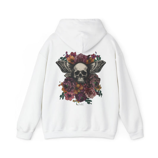 Unisex Hoodie with Skull, Moth Wings, and Tattoo Style Flowers, Painted Love Customs Logo