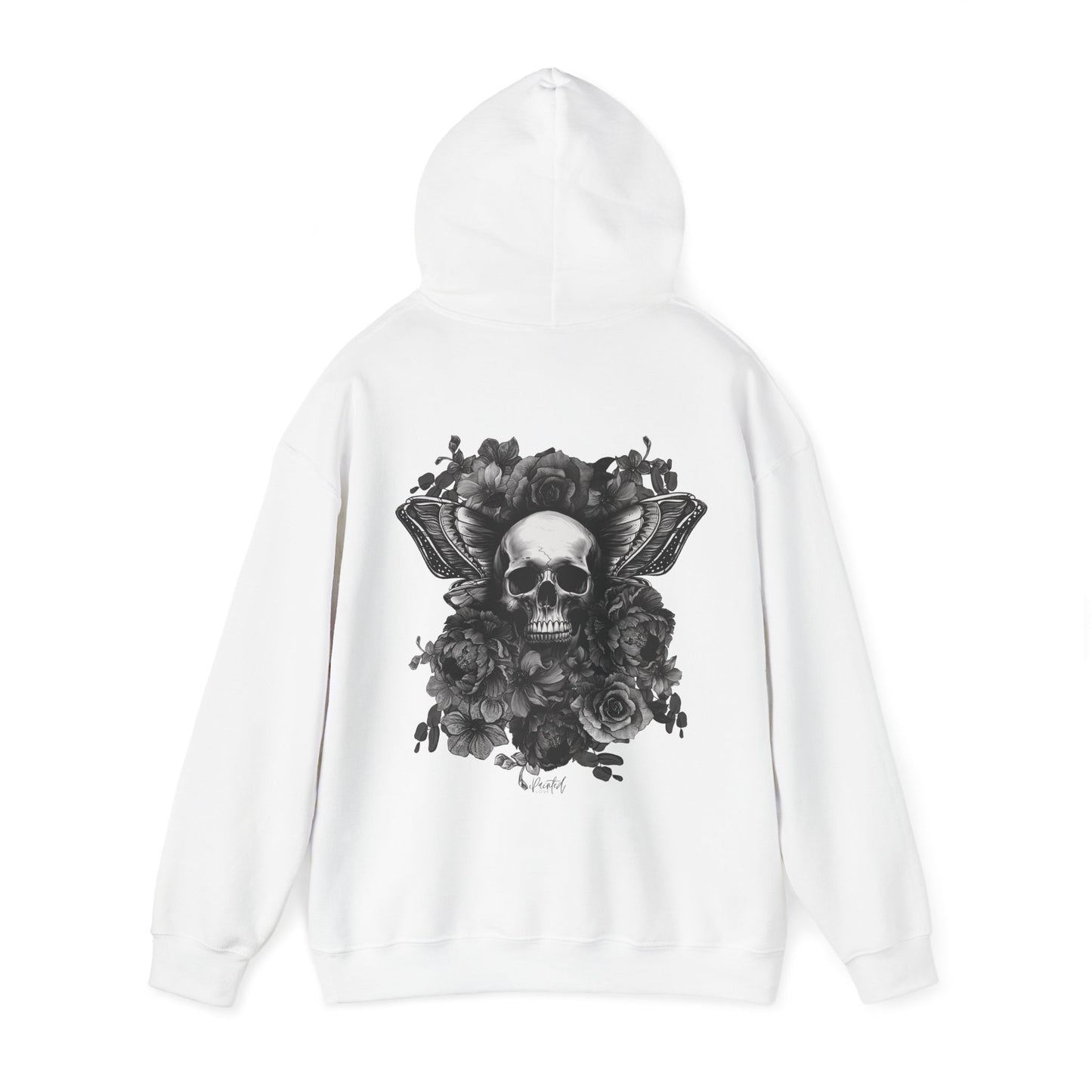 Unisex Hoodie with Skull, Moth Wings, and Tattoo Style Flowers, Painted Love Customs Logo, Greyscale Flowers