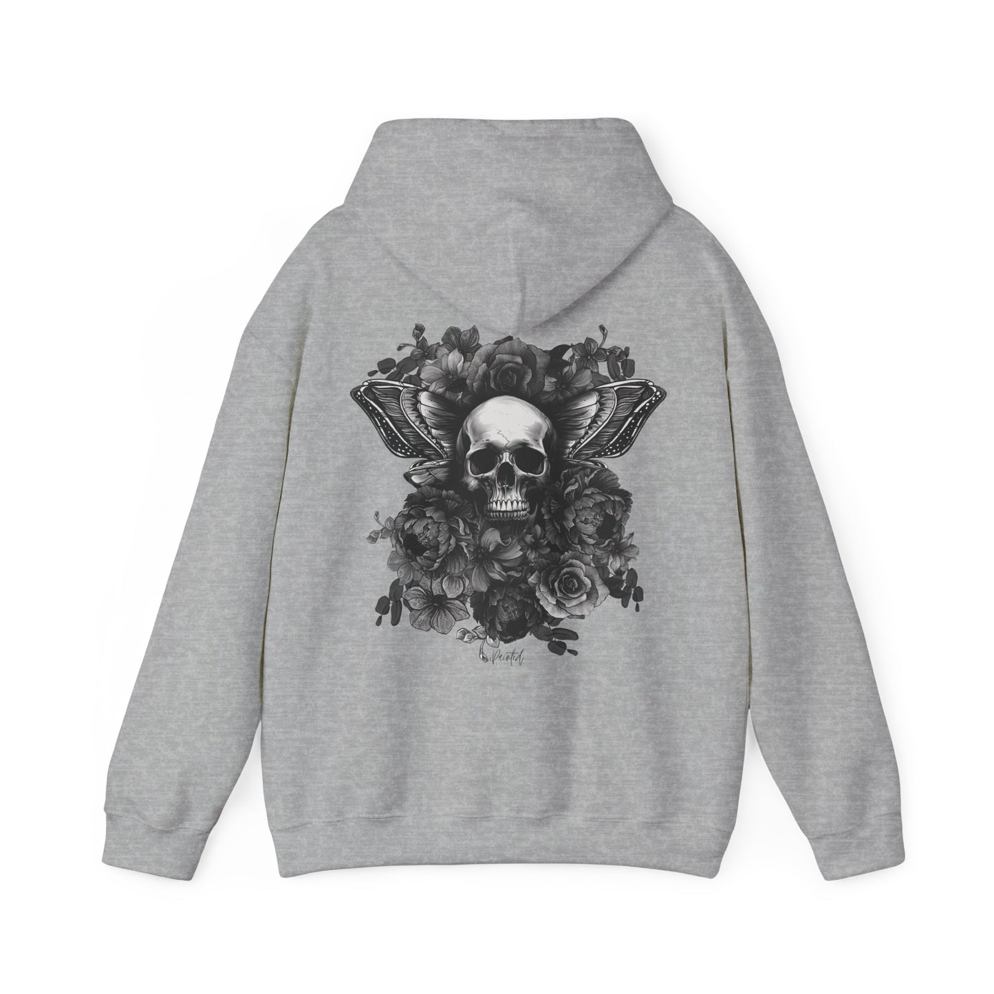 Unisex Hoodie with Skull, Moth Wings, and Tattoo Style Flowers, Painted Love Customs Logo, Greyscale Flowers