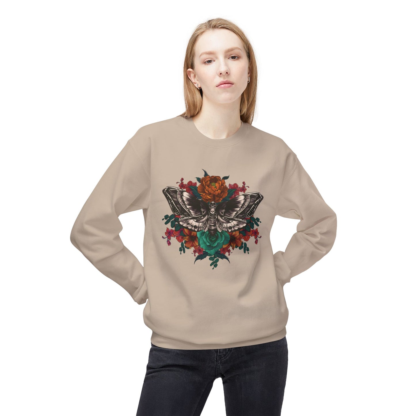 Moth and Flowers Tattoo Sweatshirt, Bright Red and Orange Flowers