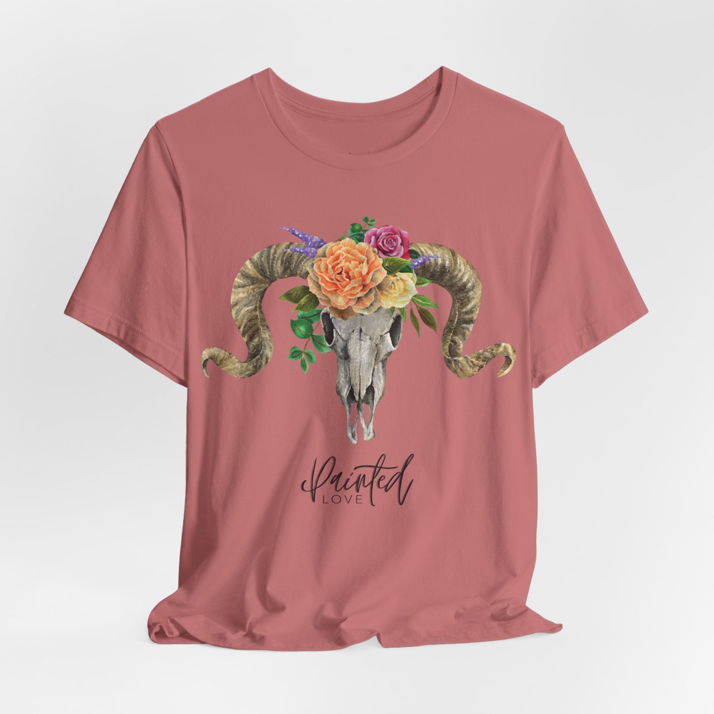 Ram Skull and flowers Unisex Tee, Peach Flowers