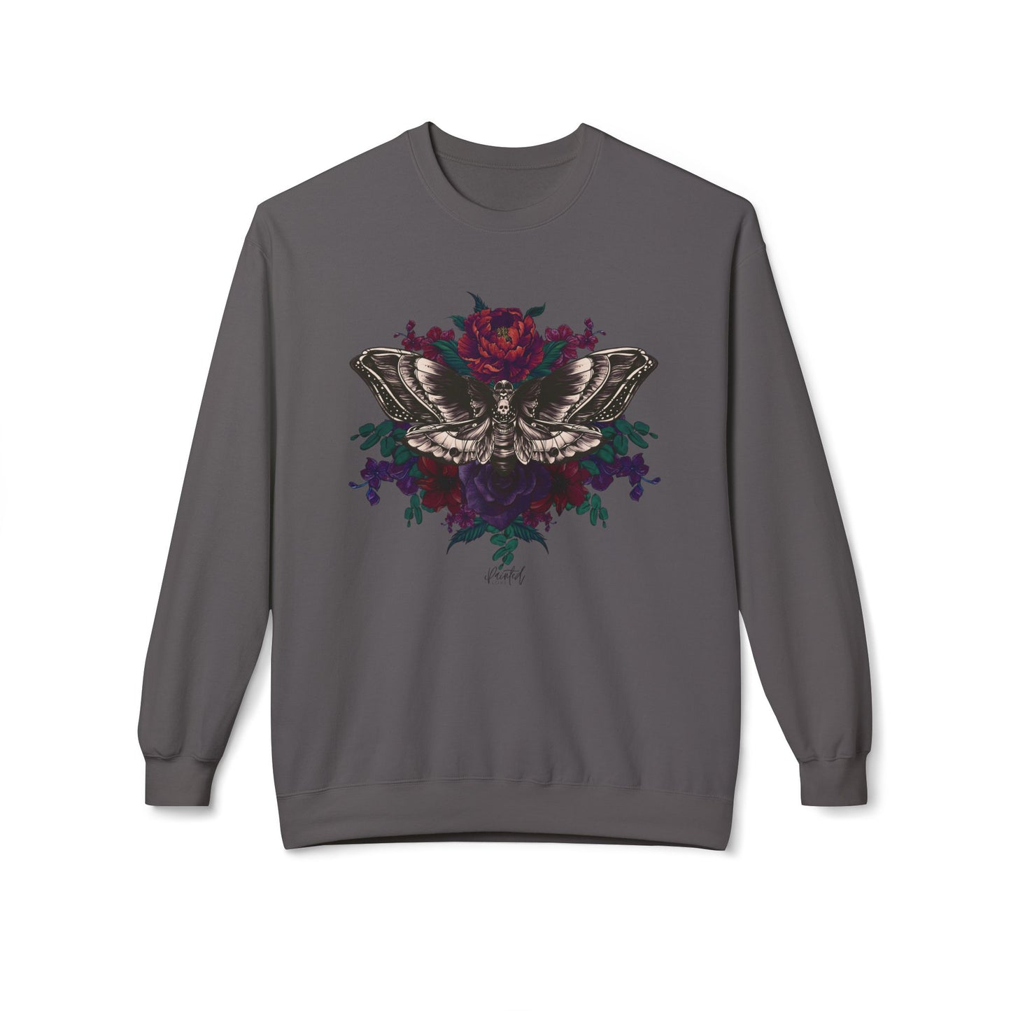 Moth and Flowers Tattoo Sweatshirt, Deep Red and Burgundy Flowers