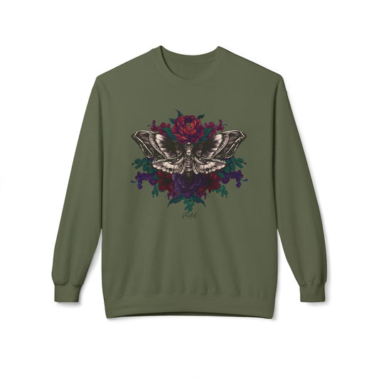 Moth and Flowers Tattoo Sweatshirt, Deep Red and Burgundy Flowers