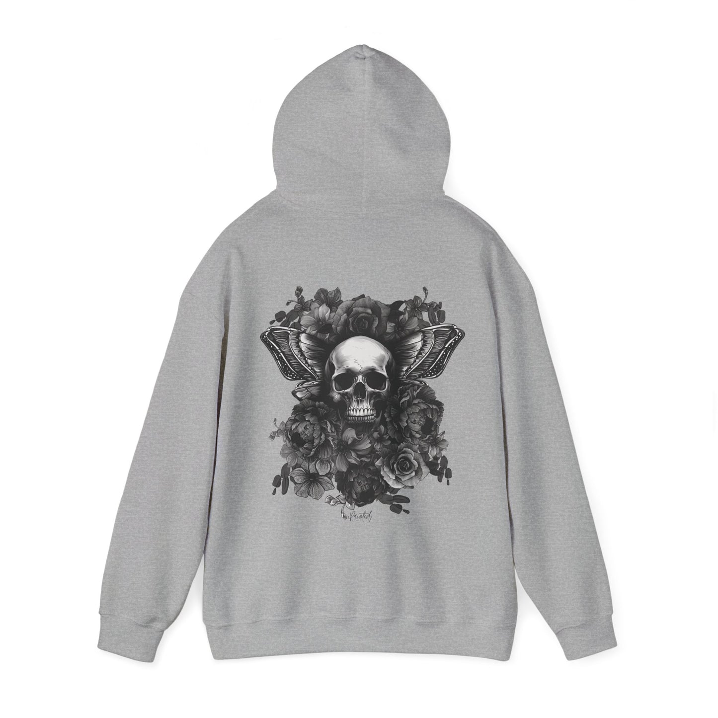 Unisex Hoodie with Skull, Moth Wings, and Tattoo Style Flowers, Painted Love Customs Logo, Greyscale Flowers