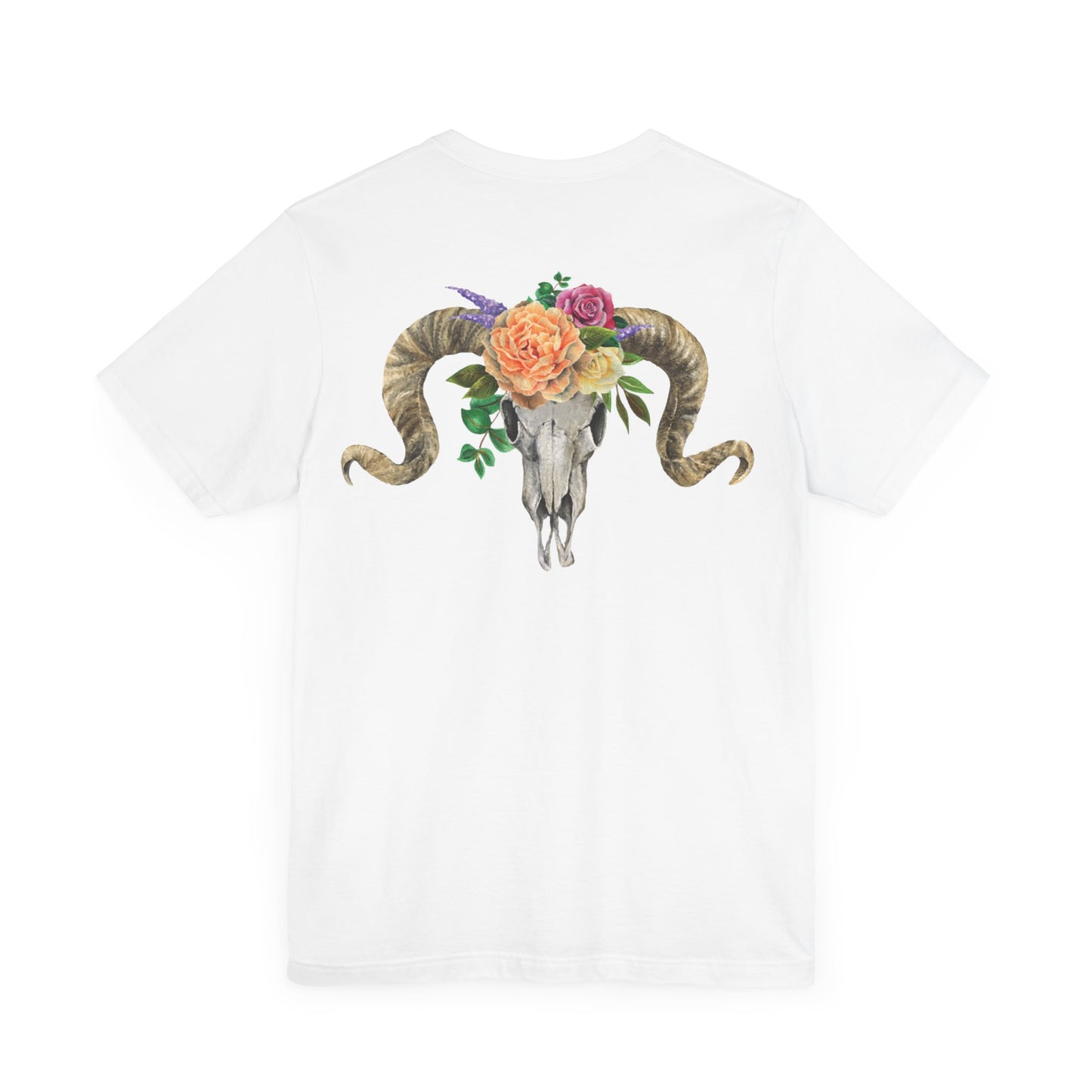 Ram Skull Back Unisex Tee, Peach Flowers