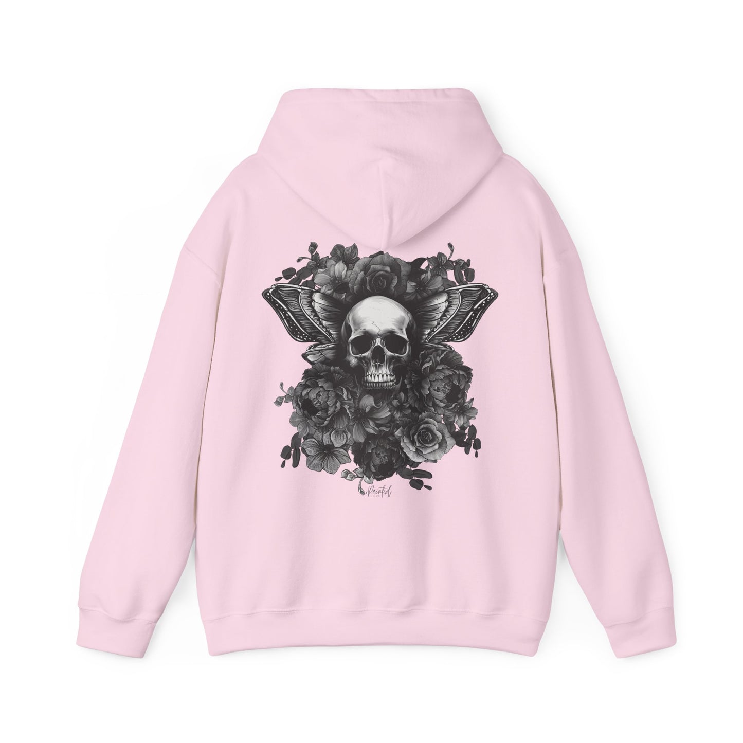 Unisex Hoodie with Skull, Moth Wings, and Tattoo Style Flowers, Painted Love Customs Logo, Greyscale Flowers