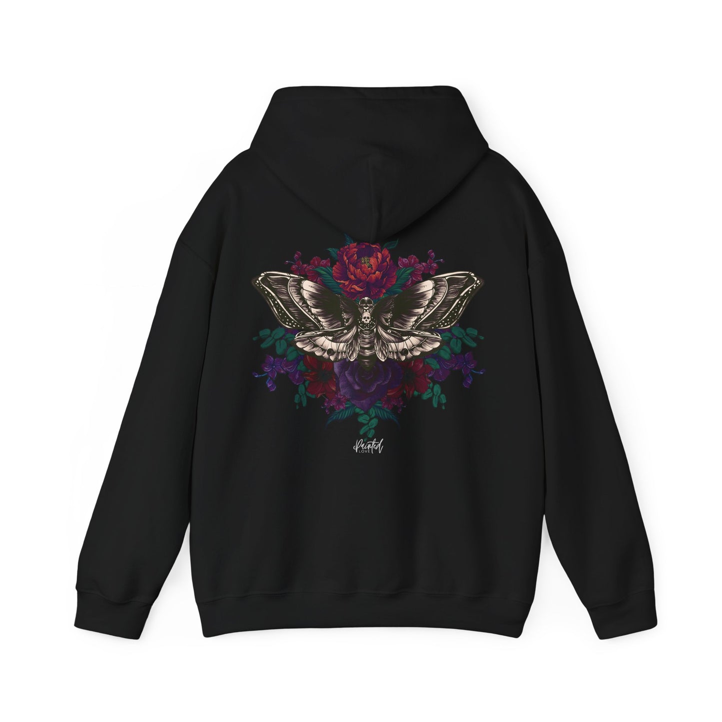 Tattoo Style Deaths Head Moth and Flowers Hoodie, Deep Purple and Burgundy