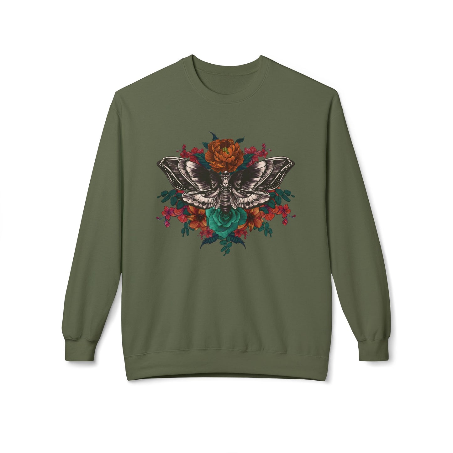 Moth and Flowers Tattoo Sweatshirt, Bright Red and Orange Flowers