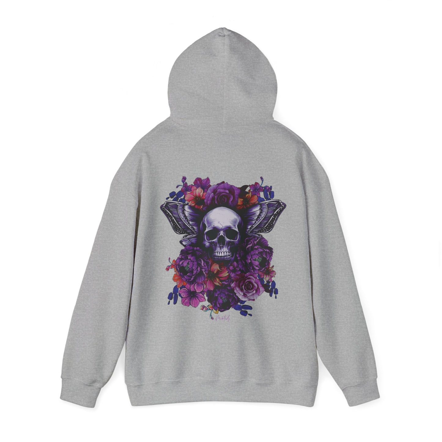 Unisex Hoodie with Skull, Moth Wings, and Tattoo Style Flowers, Painted Love Customs Logo, Neon Flowers