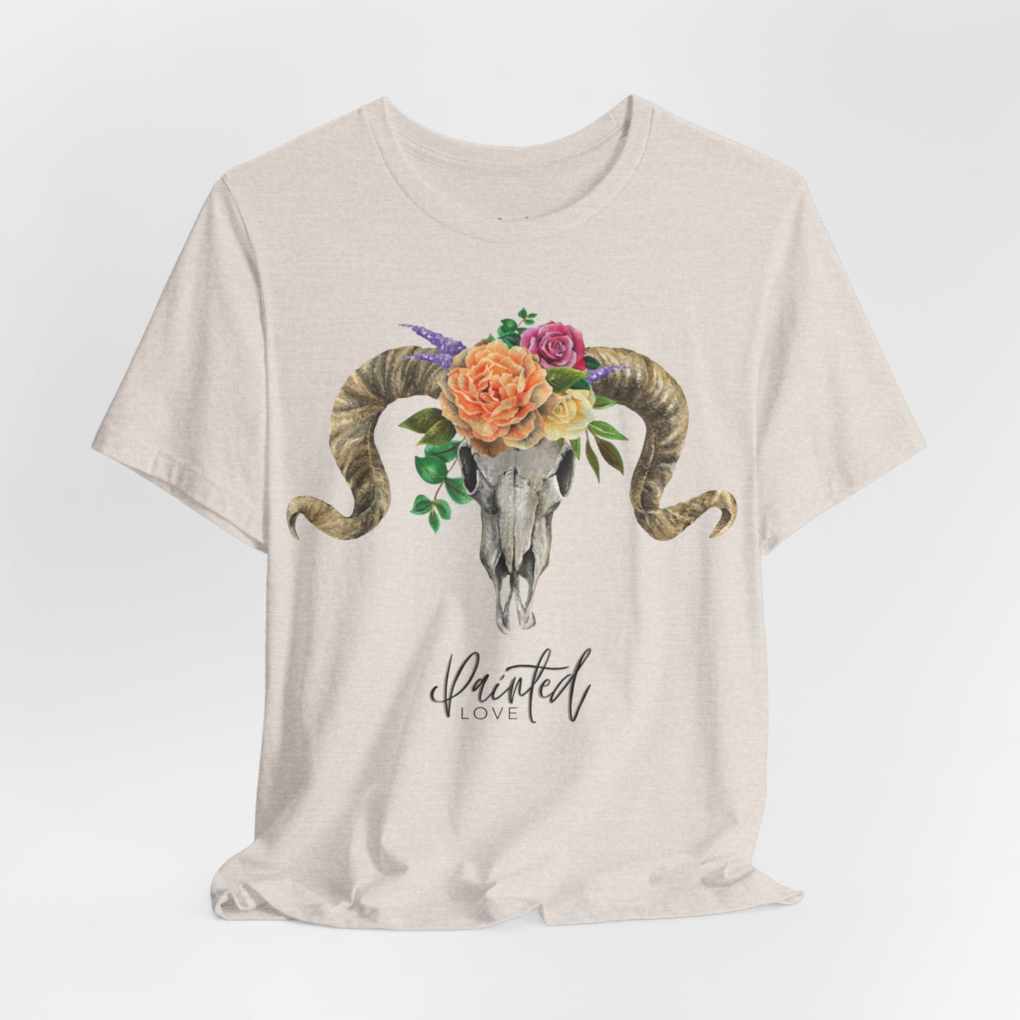 Ram Skull and flowers Unisex Tee, Peach Flowers