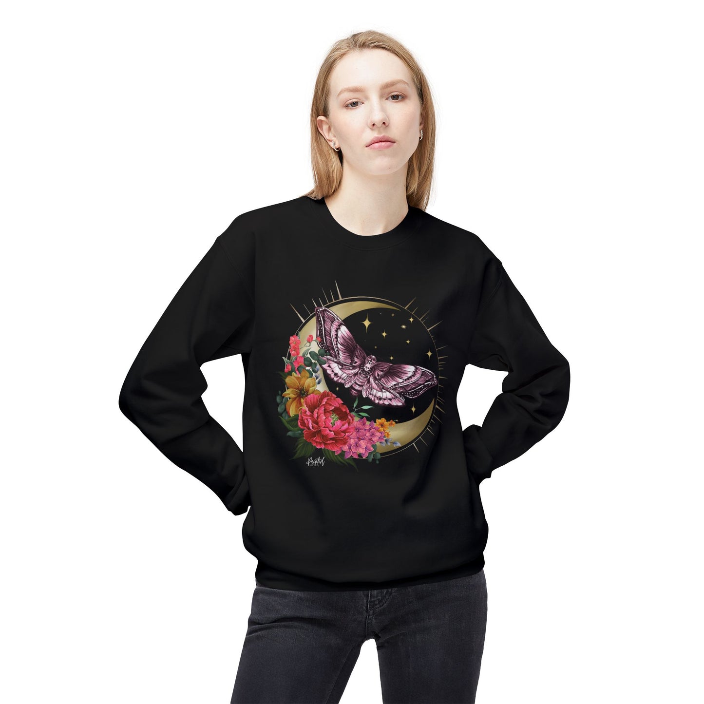 Witchy Vibes Celestial Moth and Flowers Sweatshirt - Painted Love Customs