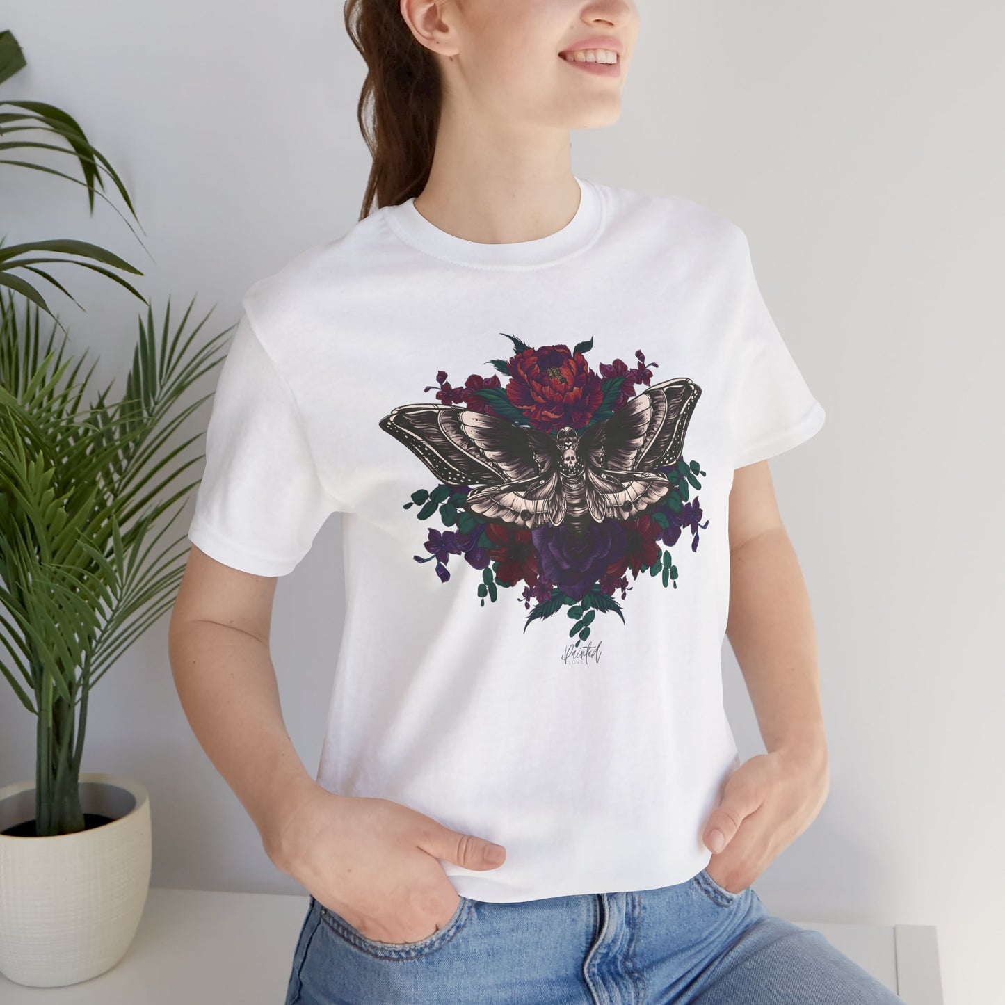 Deaths Head Moth Tattoo Style Floral Tshirt, Burgundy and Red