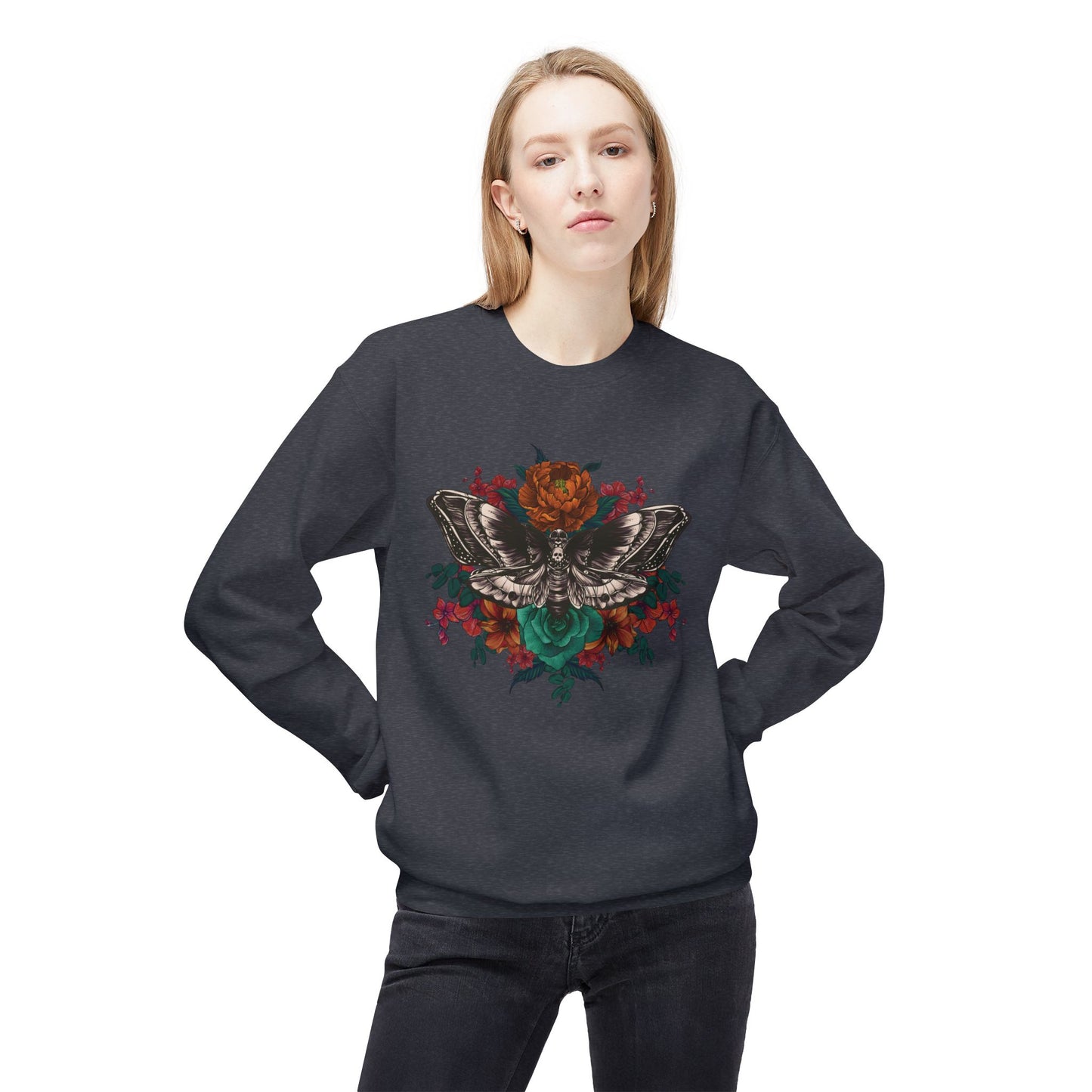 Moth and Flowers Tattoo Sweatshirt, Bright Red and Orange Flowers