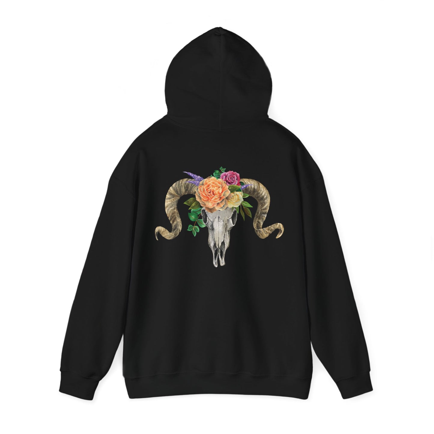 Ram Skull Back Hoodie, Peach Flowers