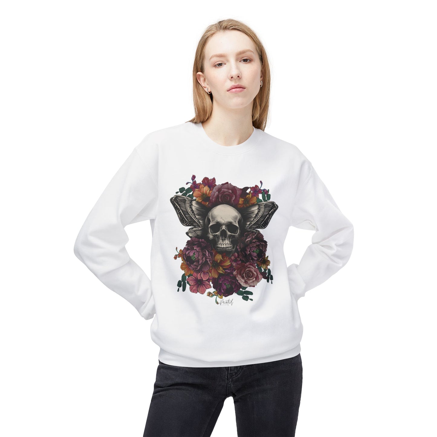 Skull Moth Wings Tattoo Flowers Sweatshirt - Painted Love Customs