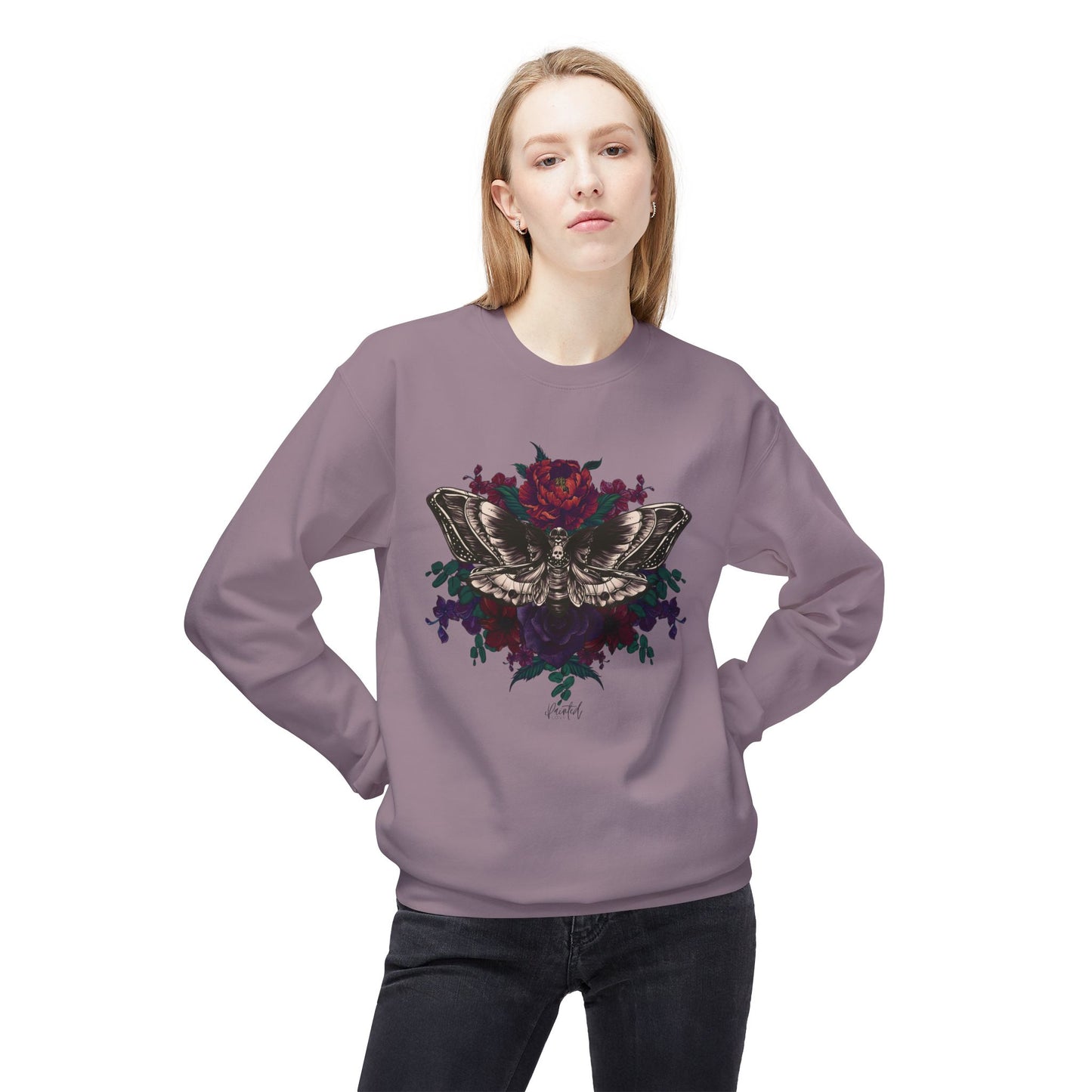 Moth and Flowers Tattoo Sweatshirt, Deep Red and Burgundy Flowers