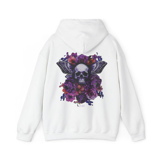 Unisex Hoodie with Skull, Moth Wings, and Tattoo Style Flowers, Painted Love Customs Logo, Neon Flowers